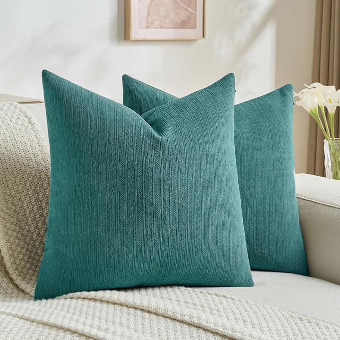 FUTEI Teal Decorative Throw Pillow Covers 18x18 Inch Set of 2,Soft Cozy Wheat Ear Striped Patterns Cushion Cases,Modern Home Decor for Couch Bed Living Room