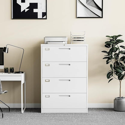 Lateral Filing Cabinet,4 Drawer File Cabinet with Lock,Office Lateral File Cabinets for Legal/Letter A4 Size,Require Assembly, White