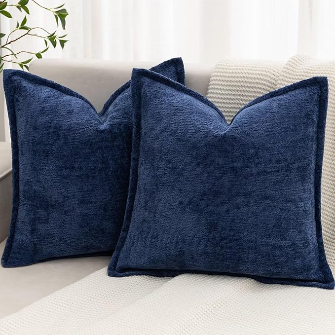 Navy Blue Decorative Throw Pillow Covers 24x24 Inch Set of 2 Cozy Soild Chenille Cushion Cases Soft Textured Square Couch Pillows Cover Boho Accent Farmhouse Pillowcases for Sofa Bed