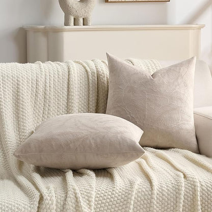 FUTEI Oatmeal Velvet Throw Pillow Covers 18x18 Inch Set of 2,Soft Embossed Leaf-Relief Textured Cushion Cases,Natural Home Decor for Couch Living Room