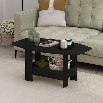 Furinno Simple Design Coffee Table, 2-Tier Modern Coffee Table with Lower Shelf, Round Corner Side Table, for Living Room, Bedroom, Home Office, Espresso