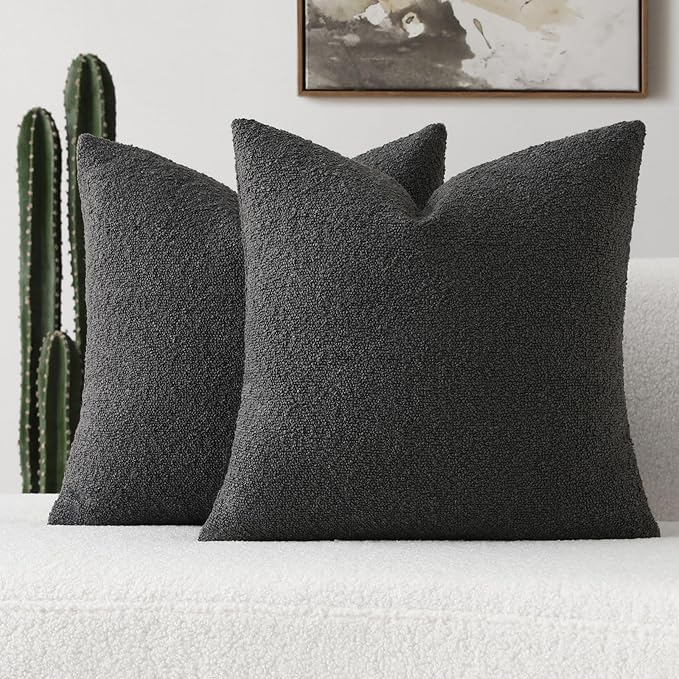 FUTEI Pack of 2 Dark Grey Decorative Throw Pillow Covers 22x22 Inch Soft Cozy Solid Boucle Textured Cushion Case,Modern Home Decor for Couch Bed Living Room