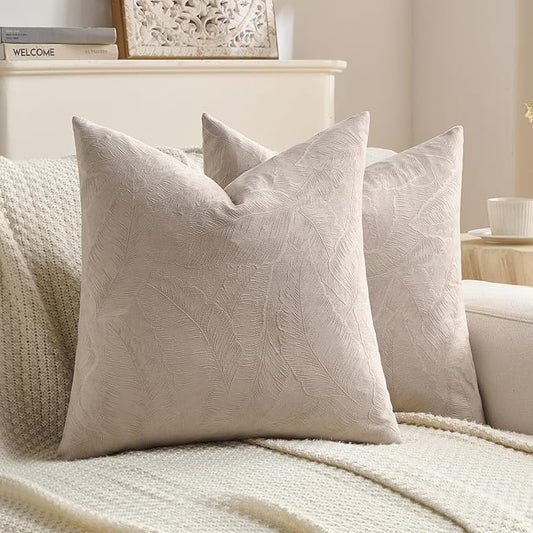 FUTEI Oatmeal Velvet Throw Pillow Covers 24x24 Inch Set of 2,Soft Embossed Leaf-Relief Textured European Cushion Cases,Natural Home Decor for Couch Living Room