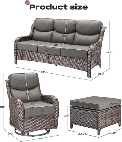 Rilyson Wicker Outdoor Patio Furniture Set - 7 Piece Patio Conversation Sets with Swivel Rocker Chairs, Ottomans and Sofa, 6 inch Cushions, Waterproof Wicker, for Porch Deck Brown/Grey