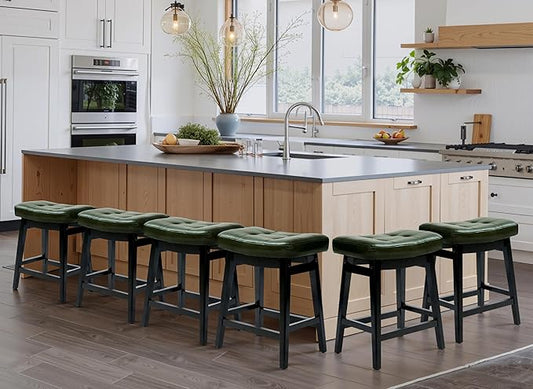 Counter Height Bar Stools Set of 6 for Kitchen Counter Farmhouse Modern Barstools with Faux Leather Upholstered Backless Seat and Solid Wood Legs 24 inch Bar Chairs, Green + Black