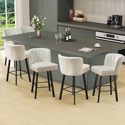 Swivel Counter Height Bar Stools Set of 4, 26'' Modern Barstools with Backs and Metal Legs, Upholstered Bar Chairs, Faux Leather White Stools for Kitchen Island Chairs