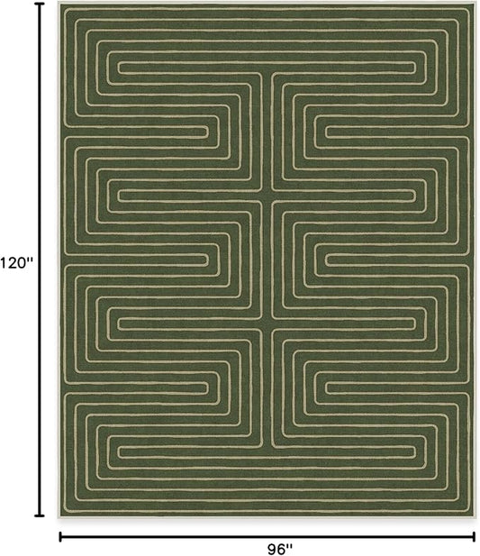 RUGGABLE x Jonathan Adler Machine Washable Modern Area Rug – Labyrinth Fern Green 8x10, Stain-Resistant, Non-Slip – Large Rugs for Living Room, Bedroom, Hallway, Entryway & Office–with Standard Pad