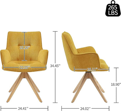Art Leon Mid Century Modern Desk Chair - Fabric Upholstered Office Chair No Wheels, Swivel Armchair with Oak Wood Legs for Small Space Living Room Bedroom, Set of 2, Yellow