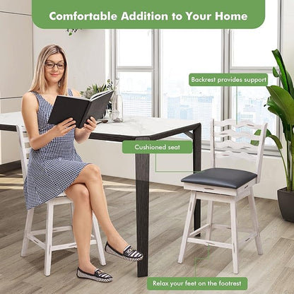 COSTWAY Bar Stools Set of 2, 25” 360° Swivel Counter Height Chairs with Rubber Wood Frame, Cushioned Seat, Ergonomic Backrest & Footrest, Wooden Upholstered Barstools for Kitchen Island (2, 25”)
