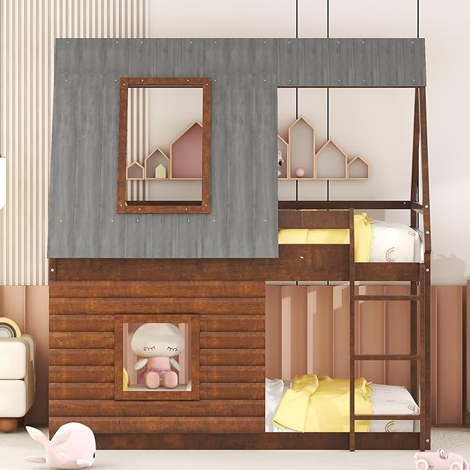Wood Twin Size House Bunk Bed with Roof Ladder and 2 Windows,Floor Bedframe Low Bed Frame for Boys Girls Kids Teens Bedroom,Oak & Smoky Grey,Easy to Install,Brown