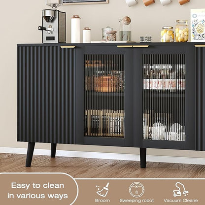 JASIWAY Modern Buffet Cabinet with Storage 55" Fluted Sideboard with 4 Doors Acrylic and Adjustable Shelves Wooden Coffee Bar Cabinet Storage Credenza for Living Room, Dining Room, Kitchen, Black