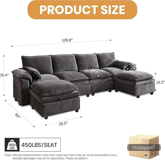 130" U Shaped Modular Sectional Sofa, Couch with Ottoman Storage, Chenille Cloud Couch with Plush Deep Seating for Living Room, Bedroom (6 Seat, Grey)