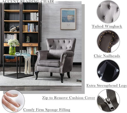 Mid Century Modern Accent Chair Upholstered Armchair Comfy Velvet Fabric Single Sofa with Tufted Wingback for Small Spaces Bedroom Living Room, Grey