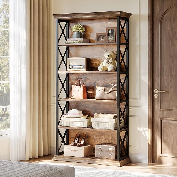 Tribesigns 71-Inch Tall Bookcase, 5-Tier Industrial Metal Bookshelf, Large Etagere Bookcases and Bookshelves, Freestanding Display Shelves for Living Room, Bedroom, Rustic Brown and Black (Set of 2)