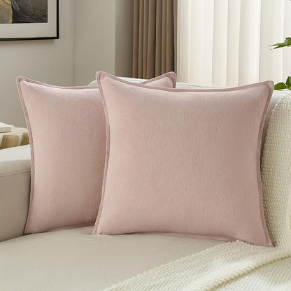 FUTEI Pink Chenille Throw Pillow Covers 18x18 Inch Set of 2,Edges Double-Stitched Cushion Cases,Modern Home Decor for Couch Living Room