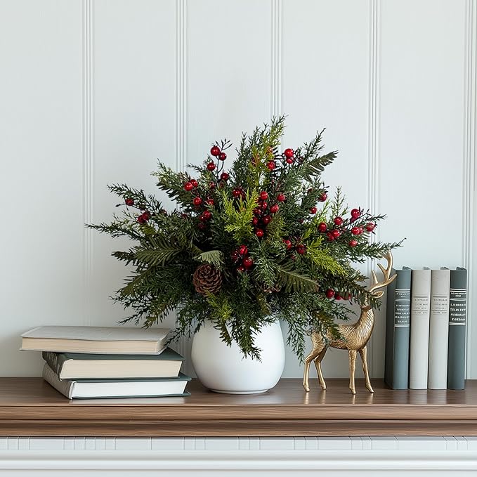 10PCS Artificial Pine Branches with Red Berry Pine Cones Artificial Needles Branches Greenery Stems Fake Greenery Floral Arrangements