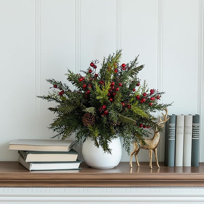 10PCS Artificial Pine Branches with Red Berry Pine Cones Artificial Needles Branches Greenery Stems Fake Greenery Floral Arrangements