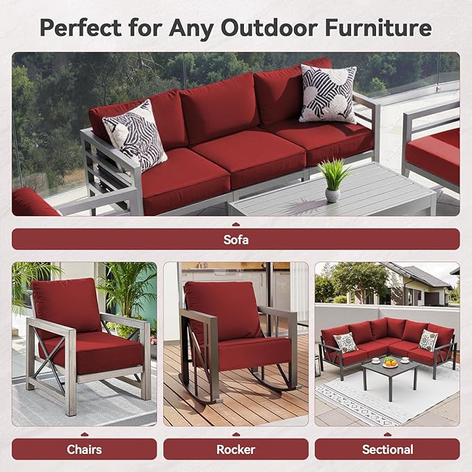 Luxury 6" Outdoor Cushions for Patio Furniture, 24x24x6" Thick Seat Cushion Set of 9, Fade Resistant Couch Chair Replacement Cushions High Density Deep Wicker Chair Cushion w/ Removable Cover, Red