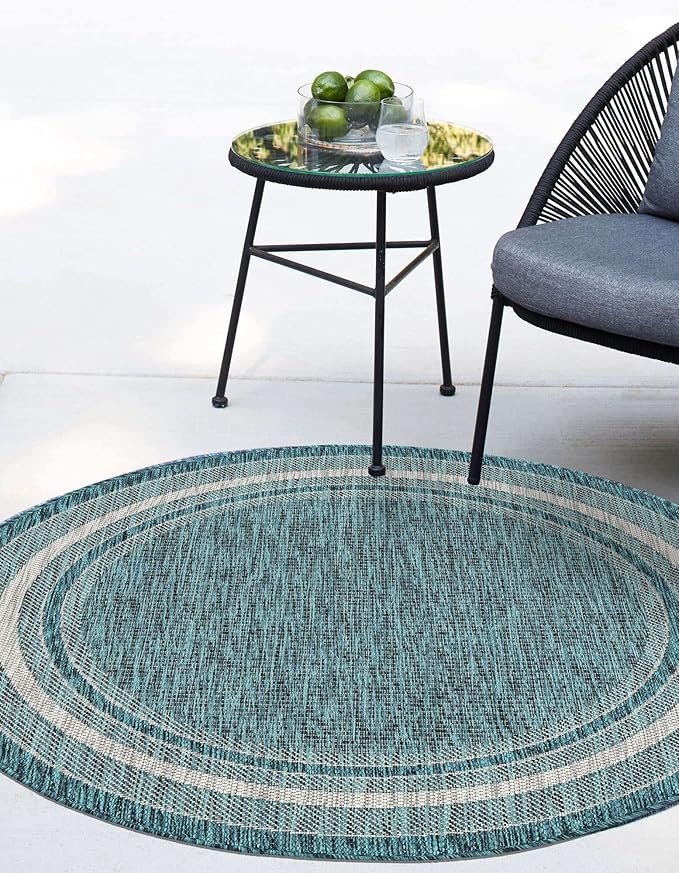 Unique Loom Outdoor Border Collection Area Rug - Soft Border (10' Round Teal/Ivory)