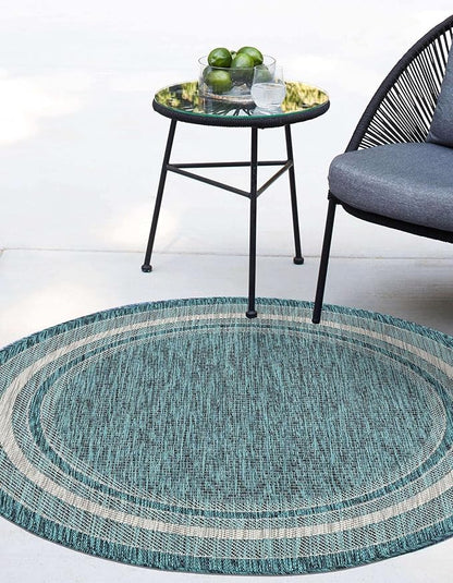 Unique Loom Outdoor Border Collection Area Rug - Soft Border (10' Round Teal/Ivory)