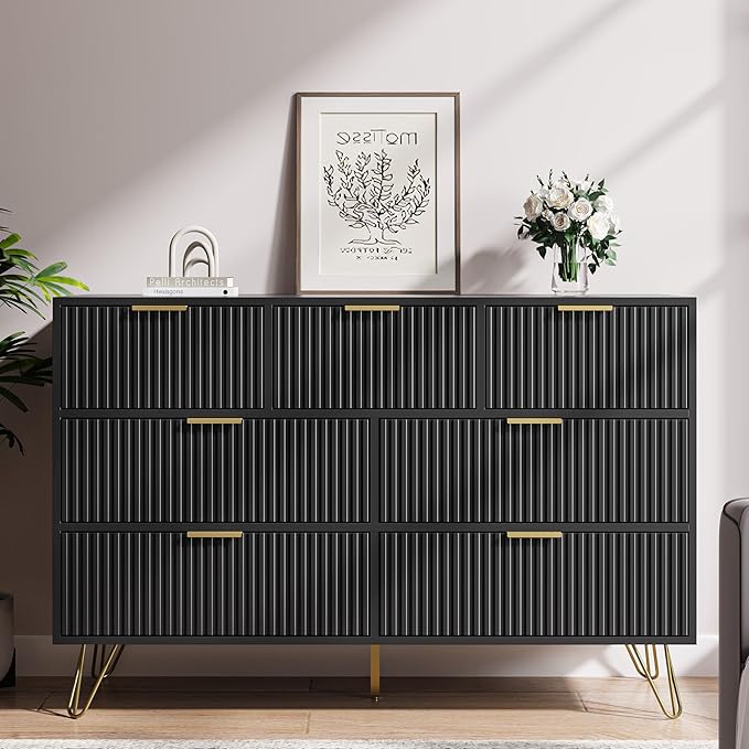 Black Dresser for Bedroom, 7 Drawer Dresser with Gold Pulls, Wide Chest of Drawers for Bedroom, Entryway, 47.2" L x 15.7" D x 31.4" H