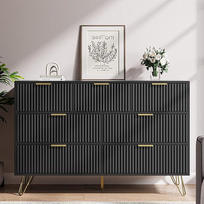 Black Dresser for Bedroom, 7 Drawer Dresser with Gold Pulls, Wide Chest of Drawers for Bedroom, Entryway, 47.2" L x 15.7" D x 31.4" H
