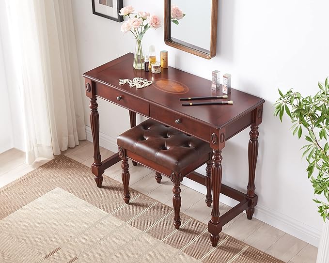 Solid Wood Computer Writing Desk with 2 Big Drawers 39.4" Wide Home Office Desk Workstation Small Rustic Study Table Furniture in Cherry for Home Office Bedroom Living Room, SSZ-1533WD