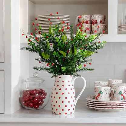 2PCS Artificial Pine Branches with Red Berry Pine Cones Artificial Needles Branches Greenery Stems Fake Greenery Floral Arrangements