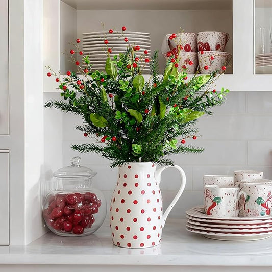 2PCS Artificial Pine Branches with Red Berry Pine Cones Artificial Needles Branches Greenery Stems Fake Greenery Floral Arrangements
