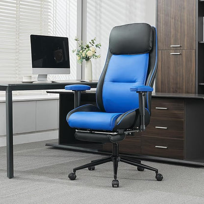 Ergonomic Home Office Chair with Footrest,Modern Faux Leather Reclining Chair,High Back Video Game Executive Computer Chairs with Adjustable Armrest & Lumbar Support,360°Swivel (Blue)