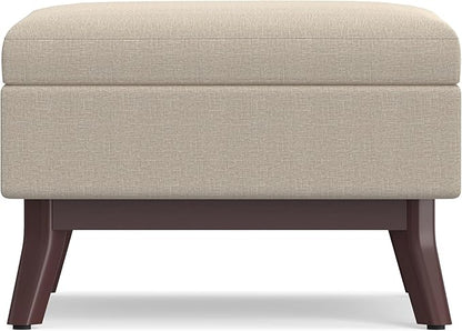 SIMPLIHOME Owen 34 inch Wide Mid Century Modern Rectangle Coffee Table Storage Ottoman in Natural Linen Look Fabric, Assembled, for the Living Room, Entryway and Family Room
