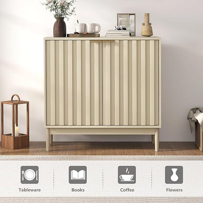 Fluted Sideboard with Storage, Buffet Cabinet Sideborad with Door, Kitchen Buffet Storage Accent Cabinets with Adjustable Shelves for Living Room, Entry, Hallway, Beige