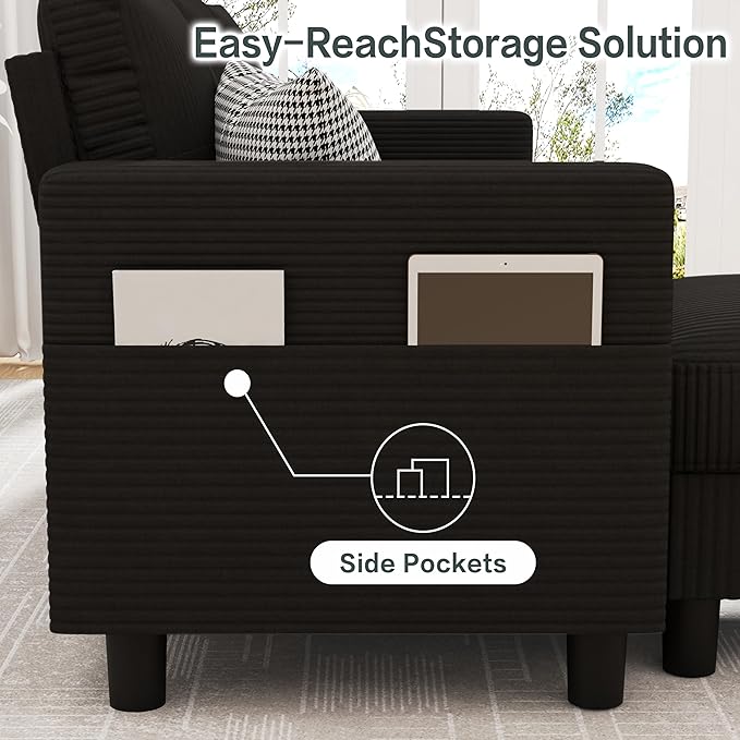 JY QAQA Convertible Sectional Sofa Couch with 3-Seat Sofa, L-Shaped Ottoman Couch with Modern Linen Fabric for Small Living Room, Apartment and Small Space(Black)