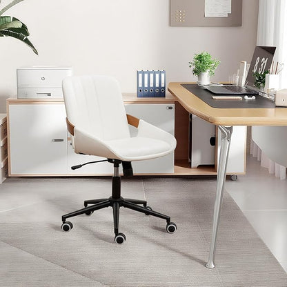 Small Home Office Chair No Arms,PU Leather Desk Chair with Wheels,Adjustable Height Work Chair,360° Swivel Computer Desk Chair for Office, Reading and Study (Beige)