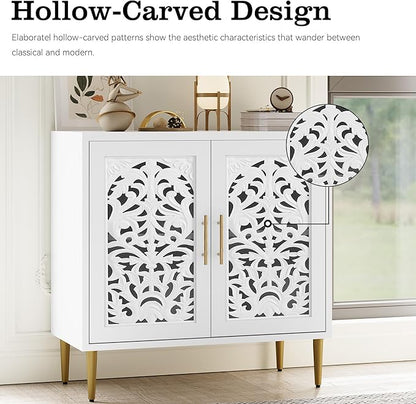 ARTPOWER Accent Cabinet with 2 Doors, Vintage Hollow Carving Buffet Cabinet, Sideboards and Buffets with Storage, Credenza for Living Room, Kitchen, Dining Room, Entryway, Hallway, White