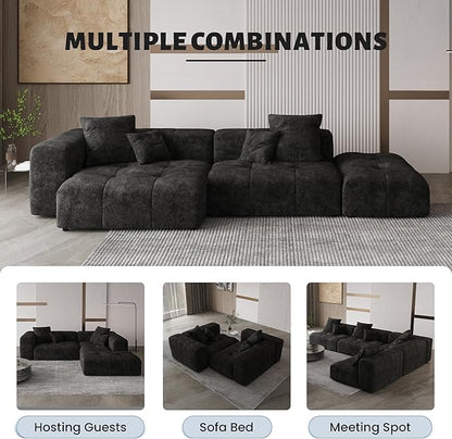 WJShome Modular Sectional Sofa,140inch Cloud Couch Deep Seat Sectional Couches for Living Room,Modern Linen Upholstered Loveseat Couch with Pillow for Home,Black