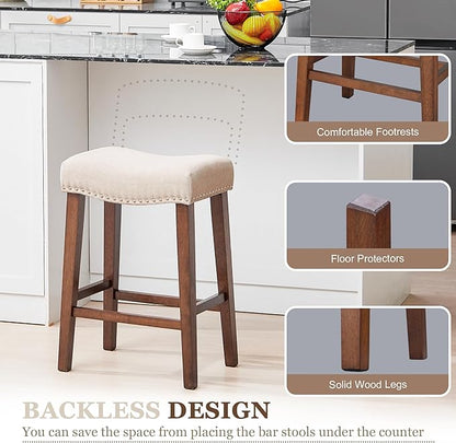 PrimeZone Counter Height Bar Stools Set of 4 - Backless Saddle Barstools with 4.3" Thick Upholstered, Nailhead Trim Linen Fabric & Solid Wood Legs, 26 Inch Counter Stools for Kitchen Island, Beige