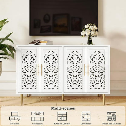 ARTPOWER 47.8" Accent Cabinet with 4 Doors, Vintage Hollow Carving Buffet Cabinet, Sideboards and Buffets with Storage, Credenza for Living Room, Kitchen, Dining Room, Entryway, Hallway, White