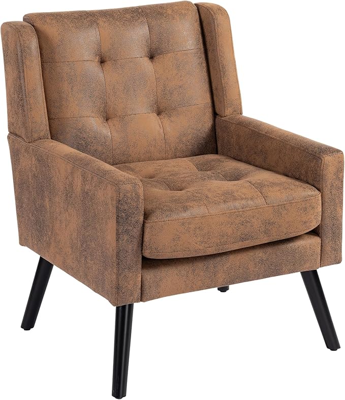 Mid-Century Modern Accent Chair, Plush Suede Fabric with Button Tufted High Back & 5" Thick Cushion, High Comfort Reading Chair for Living Room, Bedroom, Office (Brown)