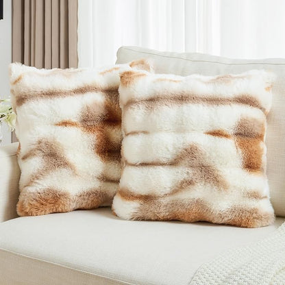 FUTEI Brown White Decorative Throw Pillow Covers 26x26 Inch Set of 2,Soft Fuzzy Faux Rabbit Fur Euro Pillow Shams with Raised Texture,Neutral Boho Home Decor for Couch Bed Living Room
