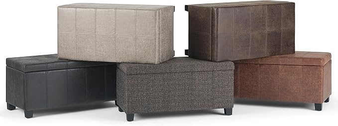 SIMPLIHOME Dover 36 inch Wide Contemporary Rectangle Storage Ottoman Bench in Distressed Brown Vegan Faux Leather, Assembled, for the Living Room, Entryway and Family Room