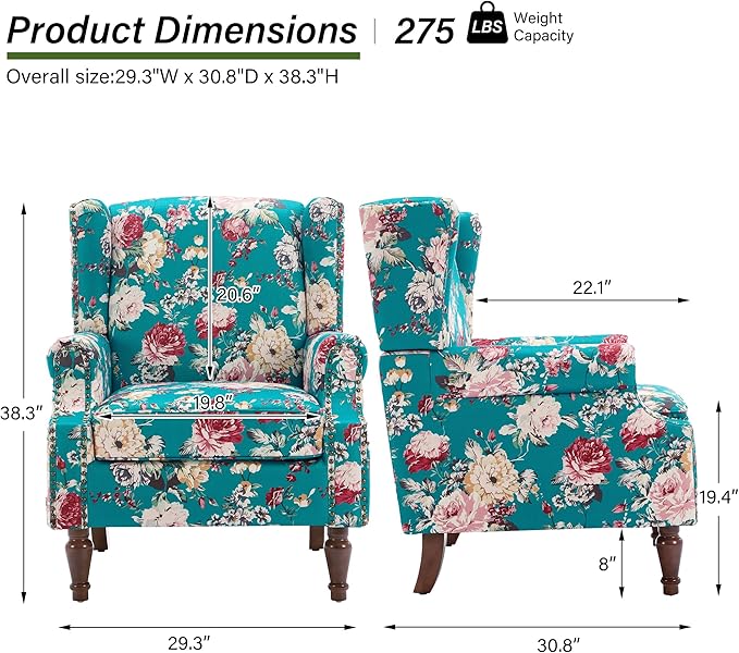 Accent Chair, Upholstered High Back Floral Armchair with Nailhead Trim & Wood Legs, Comfy Wingback Reading Single Sofa Chair for Small Spaces, Living Room, Bedroom ( Peacock Blue Floral, Set of 2)