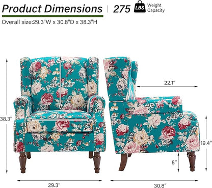 Accent Chair, Upholstered High Back Floral Armchair with Nailhead Trim & Wood Legs, Comfy Wingback Reading Single Sofa Chair for Small Spaces, Living Room, Bedroom ( Peacock Blue Floral, Set of 2)