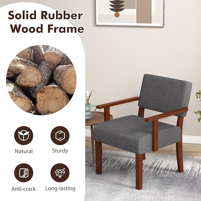 Giantex Modern Accent Chair Set of 2, Linen Living Room Arm Chair w/Soft Padded Seat & Backrest, Rubber Wood Frame, Mid Century Upholstered Reading Chair for Living Room, Bedroom, Reception, Grey