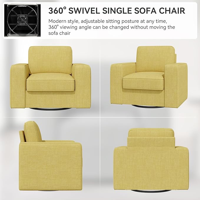 36'' Width 360 Rotation Swivel Accent Chair, Extra Wide Armrests Mid-Century Modern Armchair 1 pcs for Living Room, Bedroom, Office-Yellow