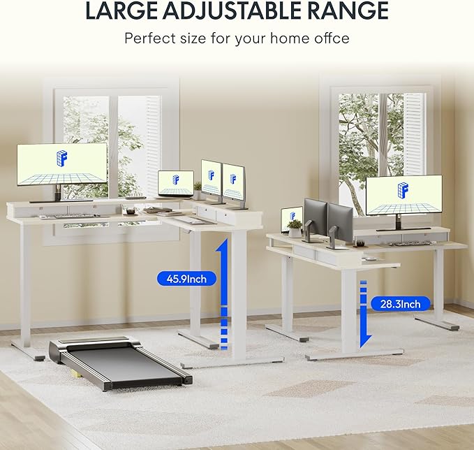 FLEXISPOT 71" L Shaped Standing Desk Electric Corner Table with Shelf, 4 Storage Drawers, Adjustable Computer Workstation for Home, Office, Game, Studio, USB Charger, Light Maple Top + White Frame