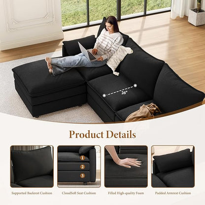 Vesgantti 142" Oversized Sectional Sofa Bed, 8-Seater Modular Sleeper Cloud Couch with Movable Ottoman, Chenille Convertible Sofa Set Deep Seat Couches for Living Room, Bedroom and Apartment, Black