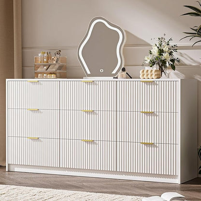 3-Piece Dresser Bedroom Set, 9 Drawer Dresser & 3 Drawer Nightstands with Gold Handles, Fluted Wood Chest of Drawers for Bedroom, Living Room, Entryway, White