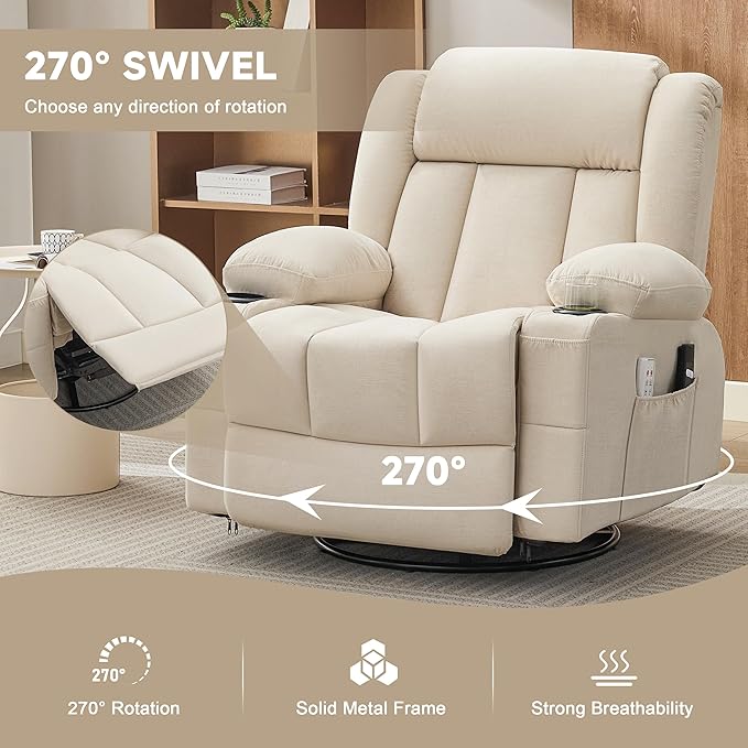 Power Swivel Rocker Recliner Chair with Heat and Massage, USB and Type-C Charging Port, Electric Glider Rocking Chairs, Oversized Recliner Chairs for Adults(Fabric, Beige)