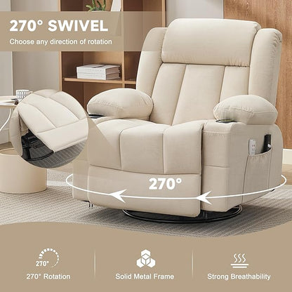Power Swivel Rocker Recliner Chair with Heat and Massage, USB and Type-C Charging Port, Electric Glider Rocking Chairs, Oversized Recliner Chairs for Adults(Fabric, Beige)
